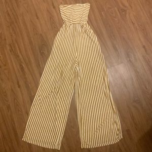 American Eagle Tan and White Strapless Jumpsuit
